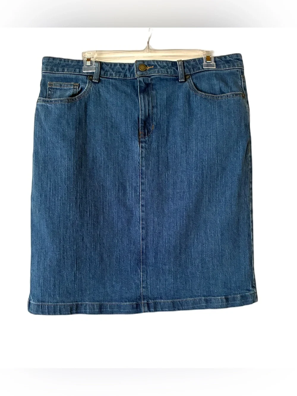 Coldwater Creek Denim Pencil Skirt, Sz. 12P, Zipper & Button Closure